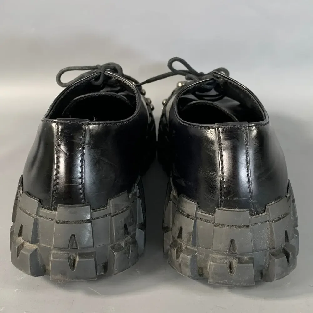 PRADA FW2019 Size 9 Black Gunmetal Studded Leather Cap Toe Lace Up Shoes